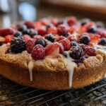 Close-up of a simple baked desserts mixed berry cake with icing drizzle on a cooling rack