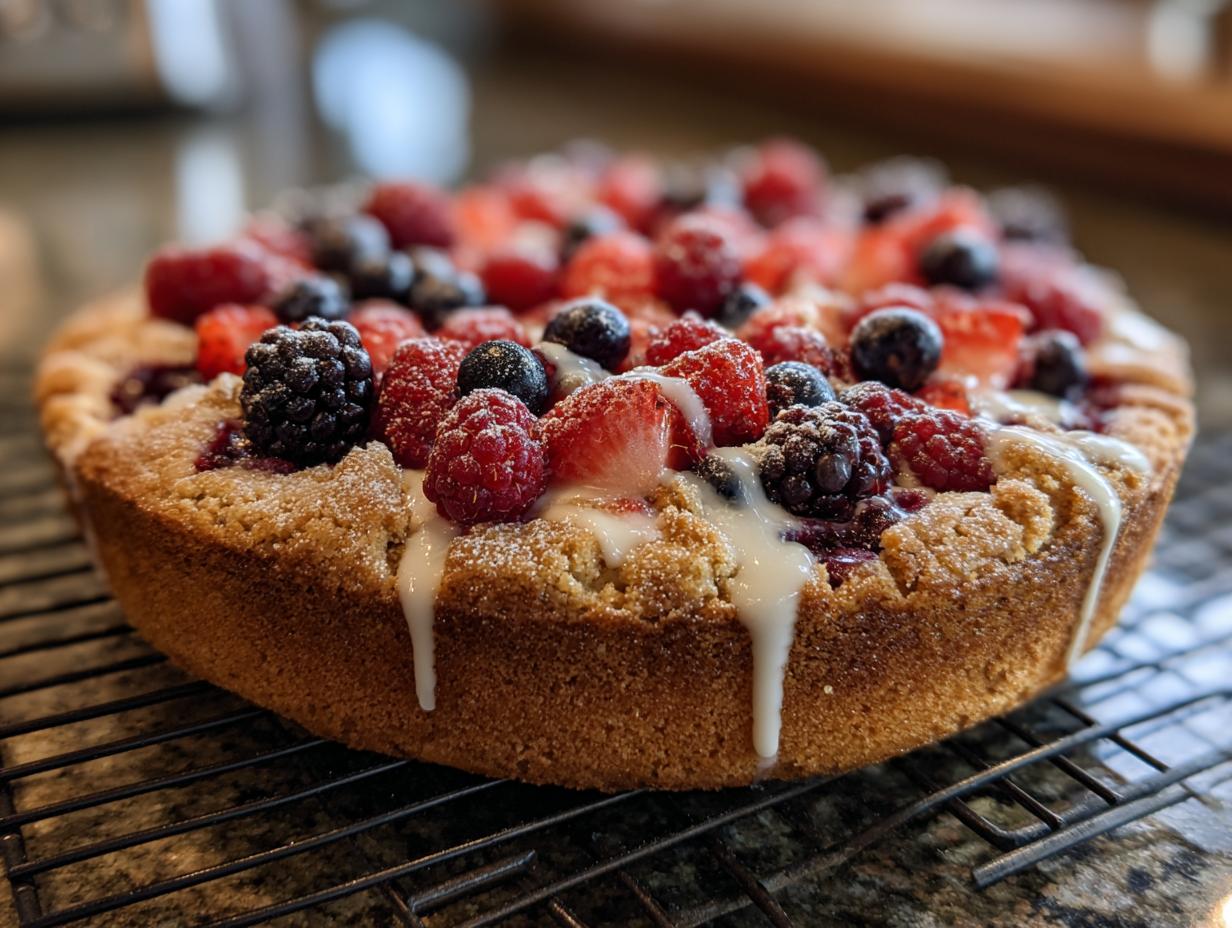 Close-up of a simple baked desserts mixed berry cake with icing drizzle on a cooling rack