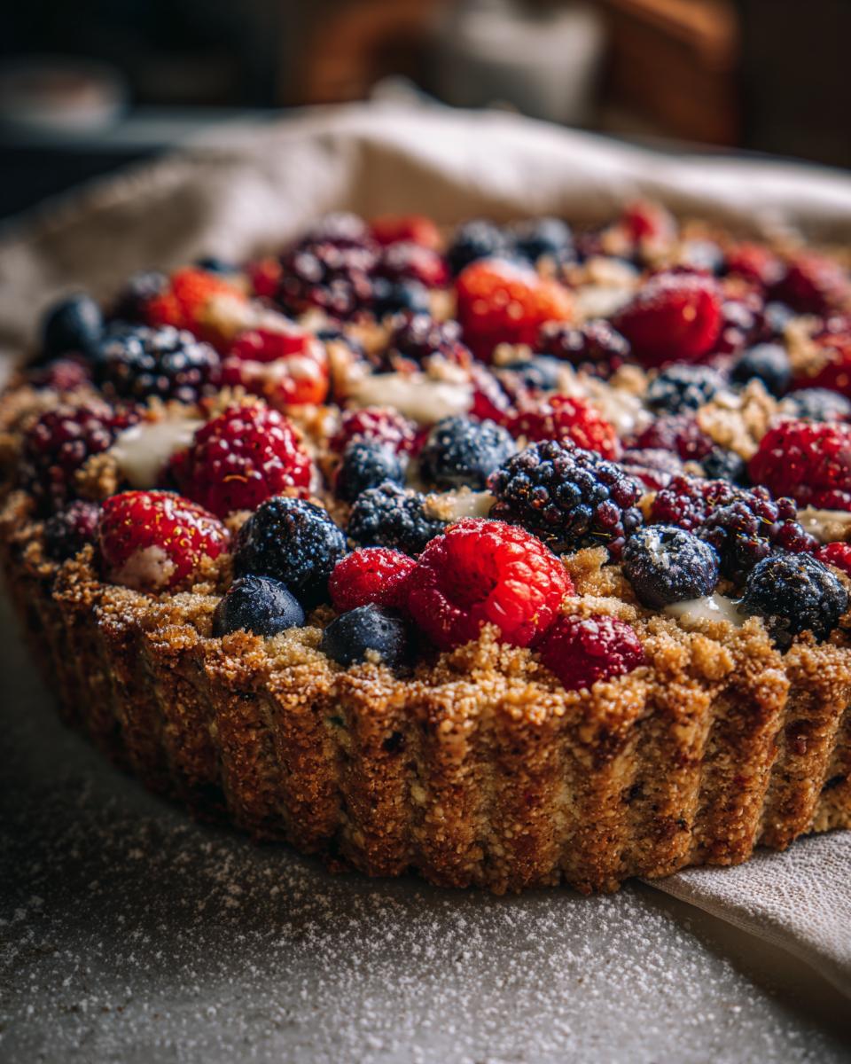 Close-up of a mixed berry tart with raspberries, blueberries, and blackberries on a crumbly crust.
