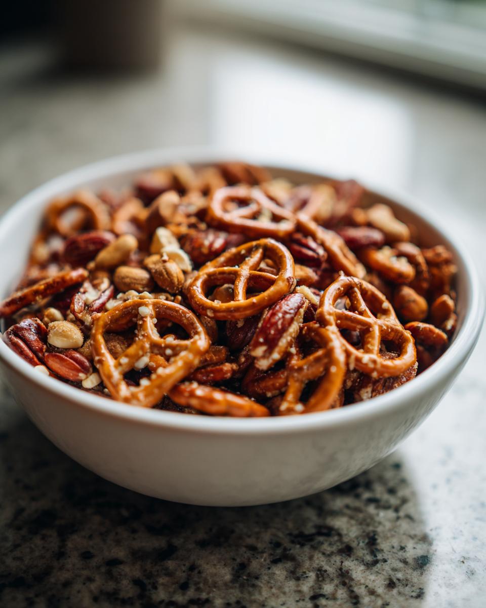 White bowl filled with mixed nuts and pretzels, a perfect easy snack recipes option.