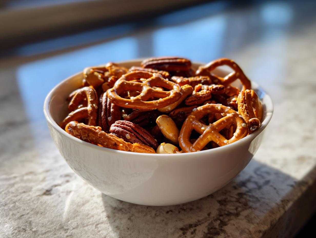 White bowl filled with mixed nuts and pretzels, a perfect easy snack recipes option.