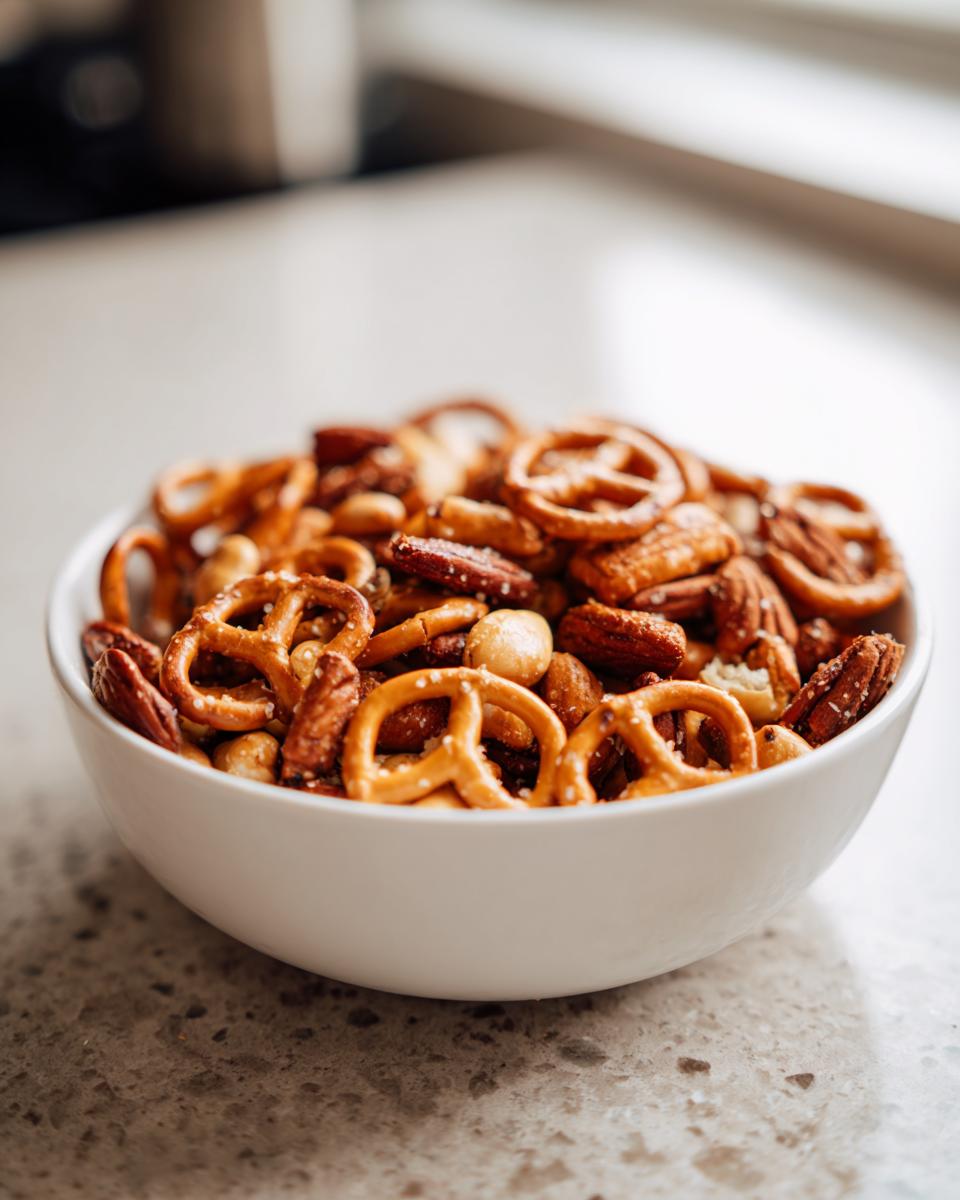 White bowl filled with mixed pretzels and nuts as an easy snack recipe.