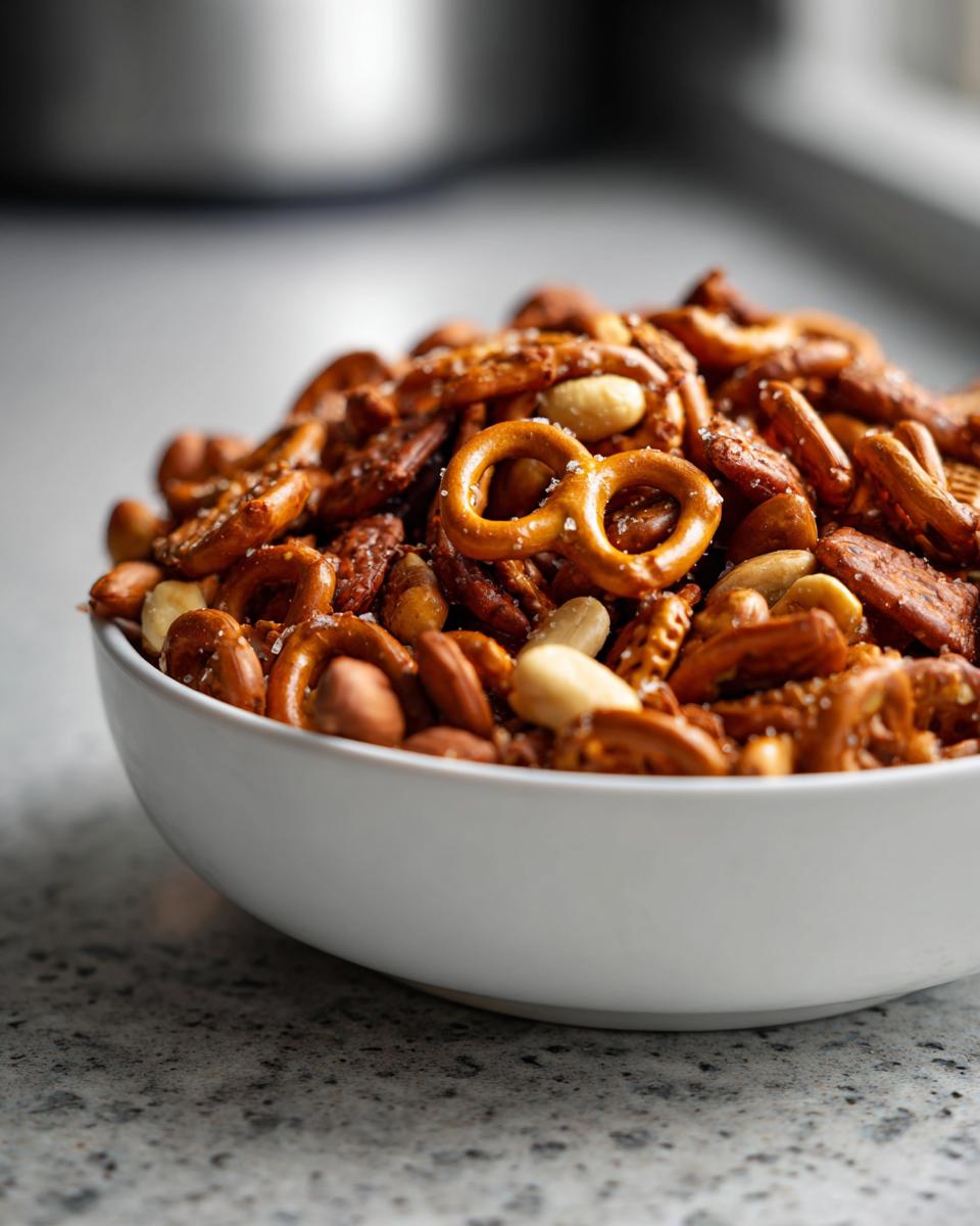 Close-up of a bowl filled with a mixed snack mix including pretzels and nuts, an easy snack recipes option.