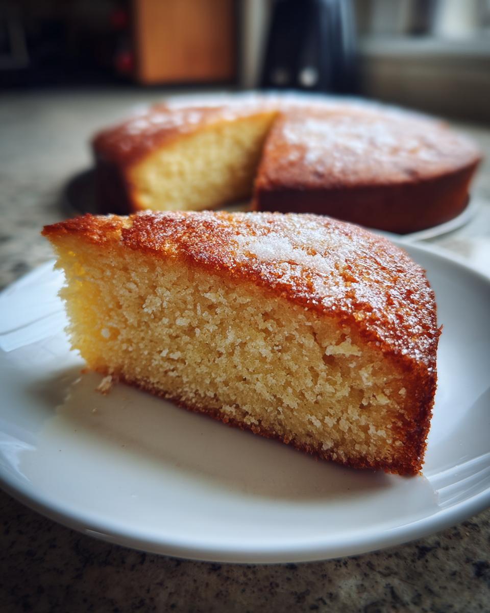 Close-up of a moist cake slice on a white plate, showcasing texture for easy baking recipes.
