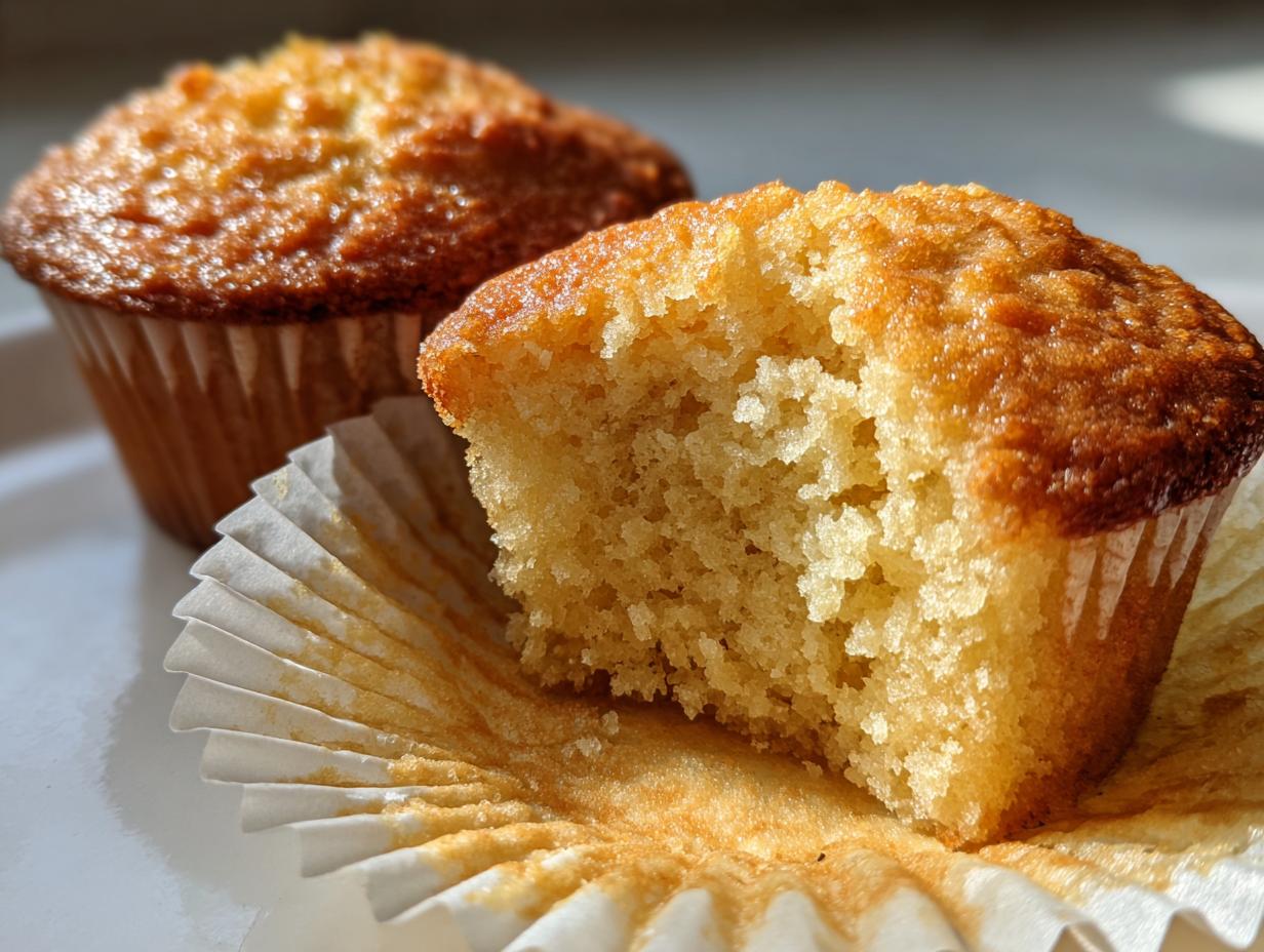 Two moist cupcakes with golden brown tops, one partially unwrapped showing soft crumb, easy cupcake ideas