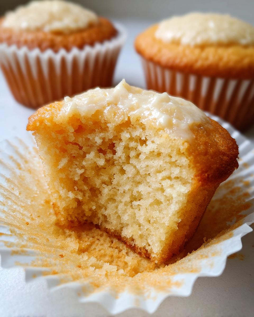 Close-up of a moist vanilla cupcake with frosting and two cupcakes in the background easy cupcake ideas