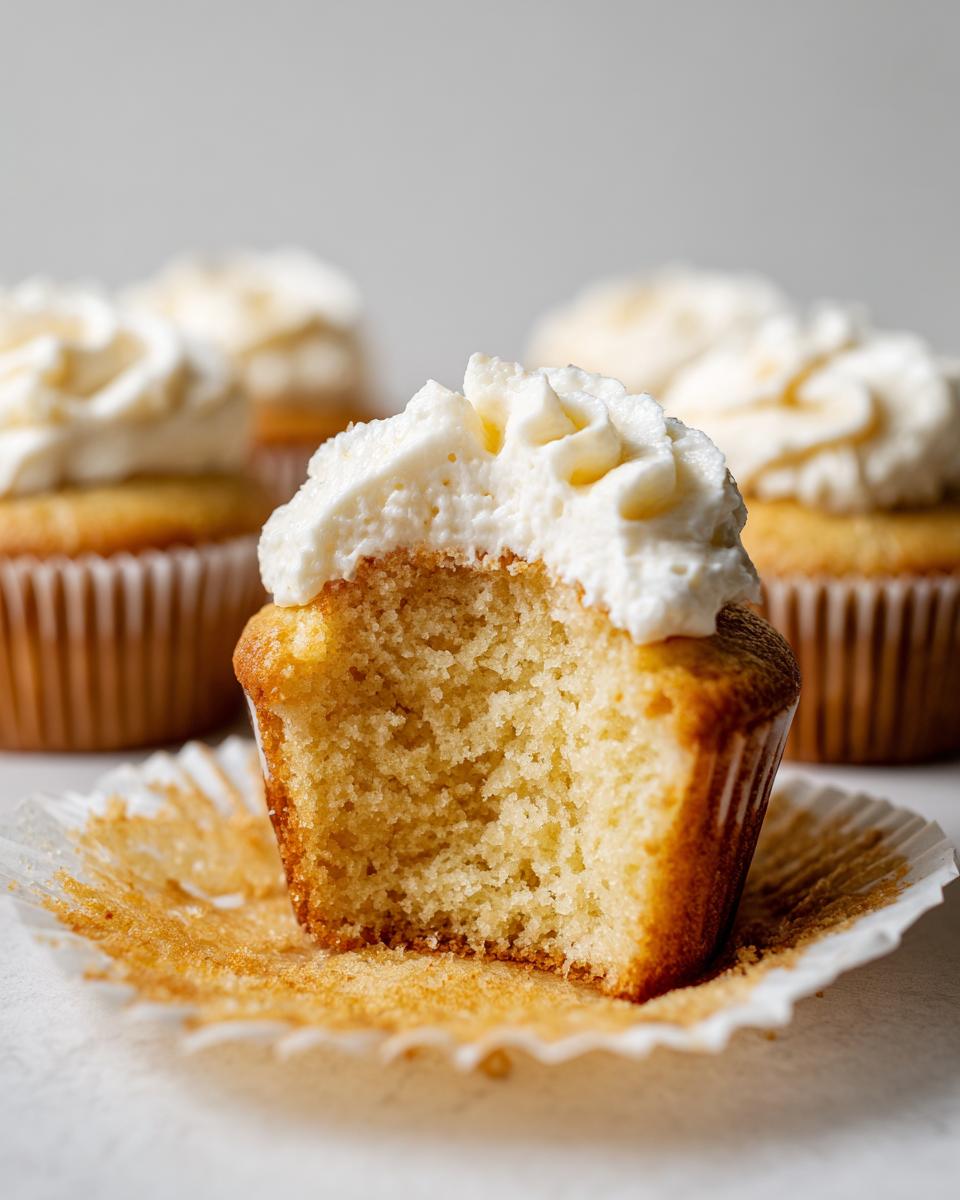 Close-up of a moist vanilla cupcake with white whipped frosting and a bite taken out.