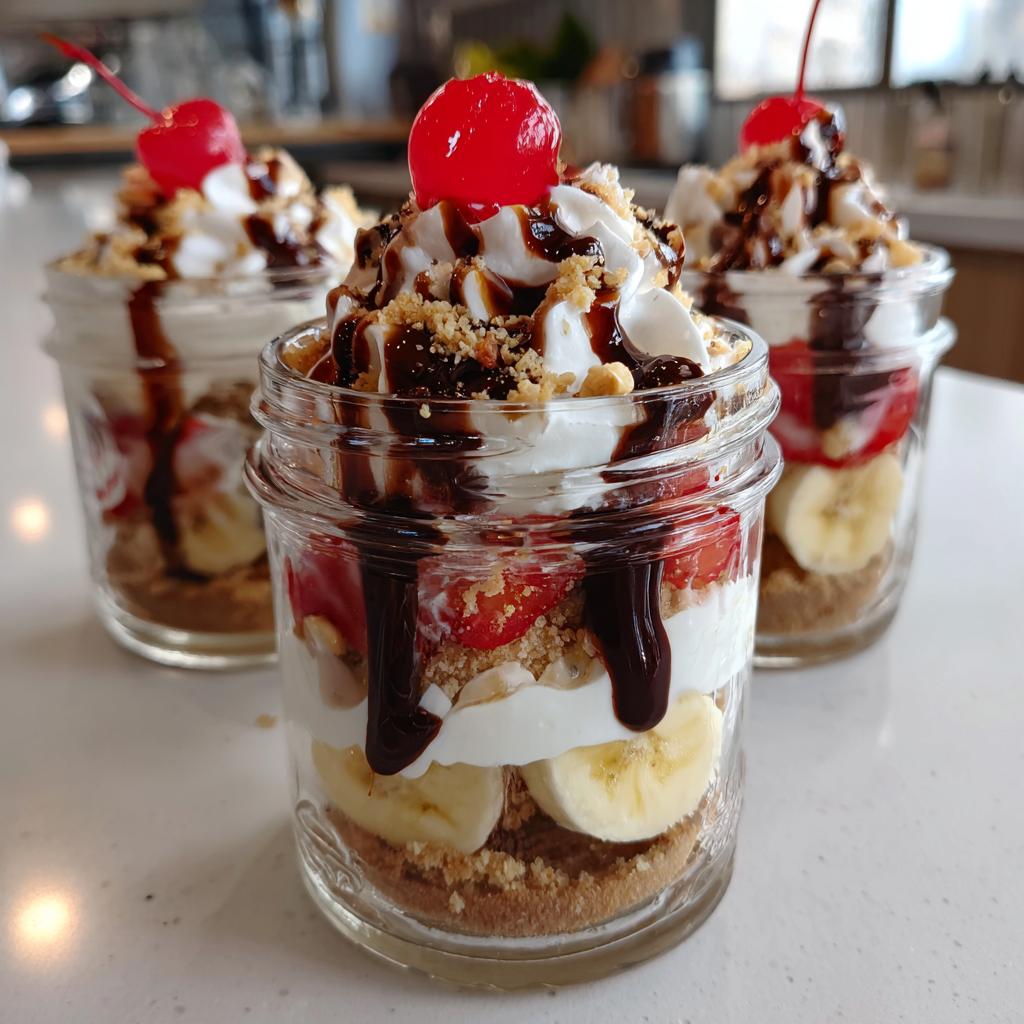 Three no bake banana split dessert jars topped with whipped cream, chocolate drizzle, and cherries.