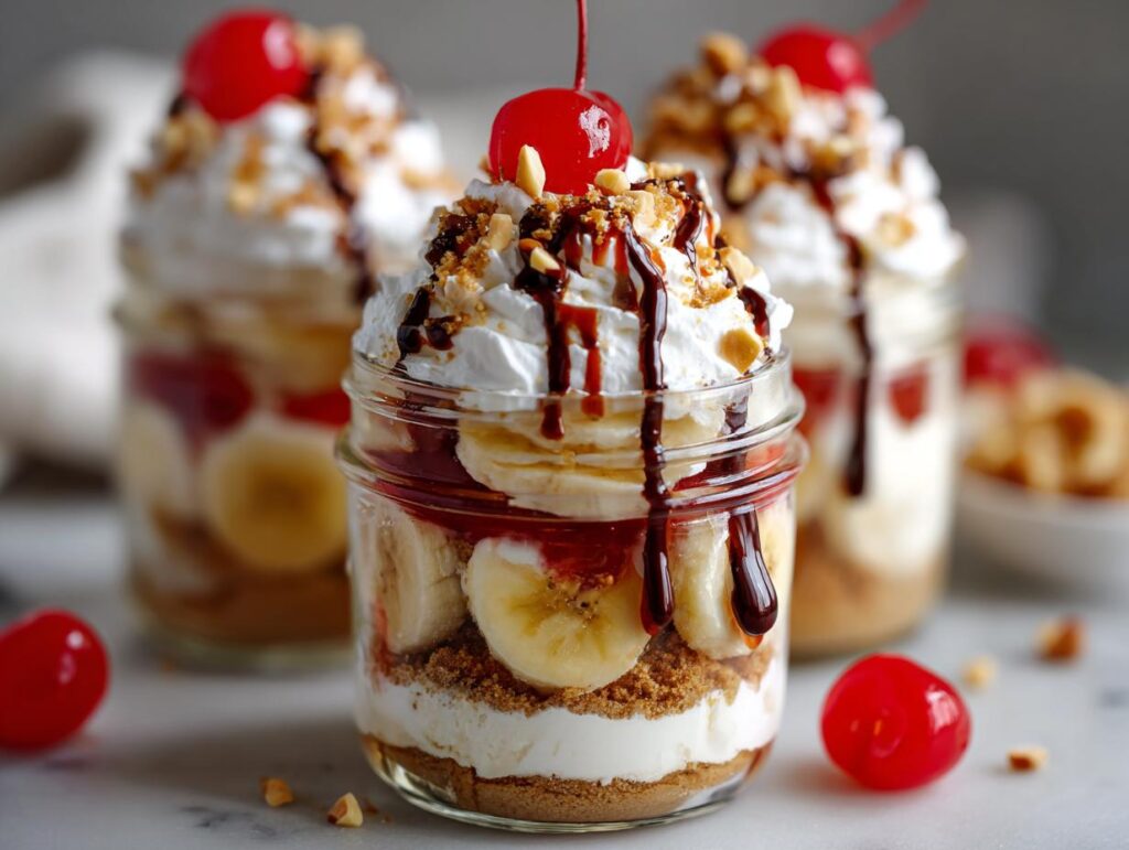 No bake banana split dessert jars layered with bananas, whipped cream, nuts, and cherries on top.