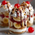 No bake banana split dessert jars layered with bananas, whipped cream, nuts, and cherries on top.