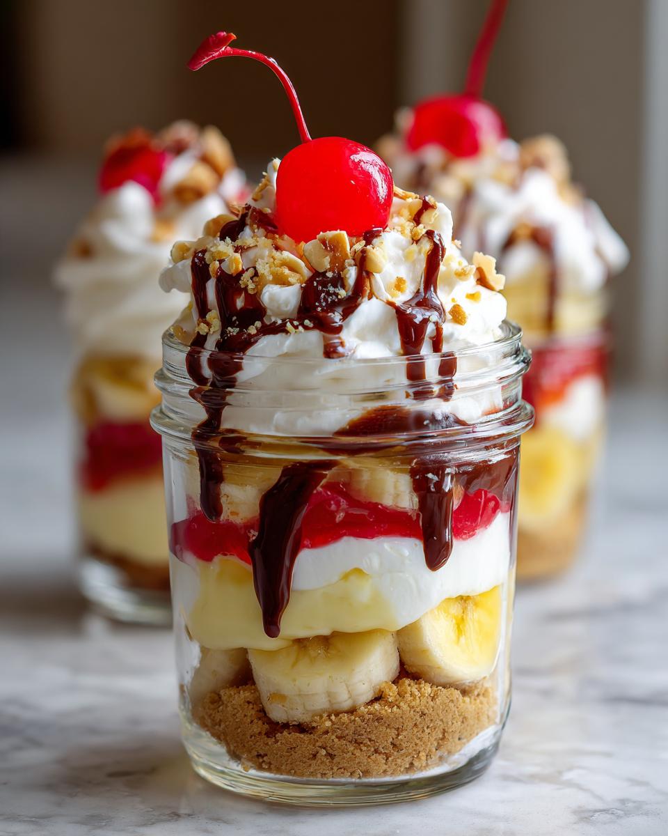 Close-up of no bake banana split dessert jars layered with bananas, whipped cream, chocolate, and cherries.