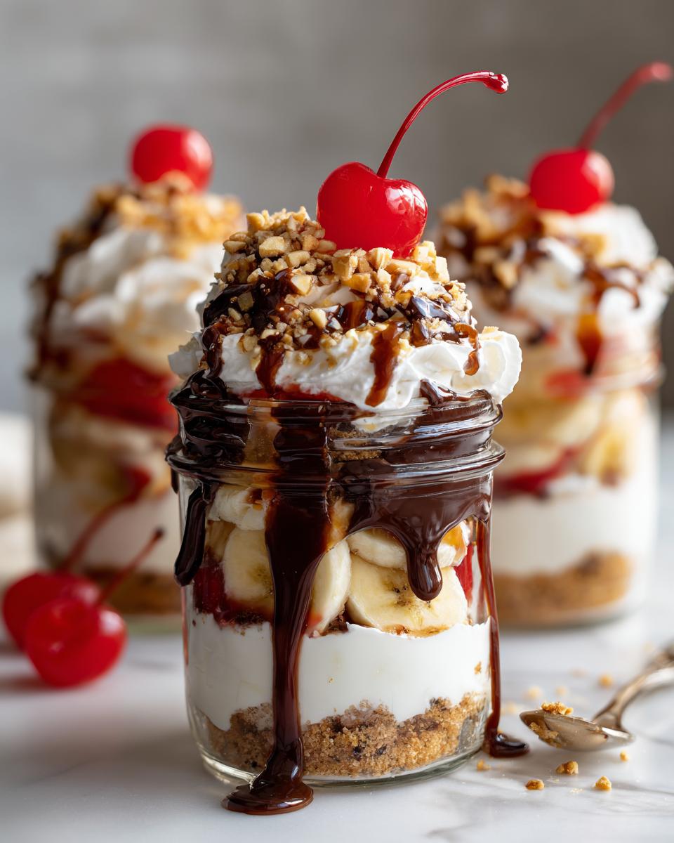 No bake banana split dessert jars topped with whipped cream, nuts, cherries, and chocolate sauce.