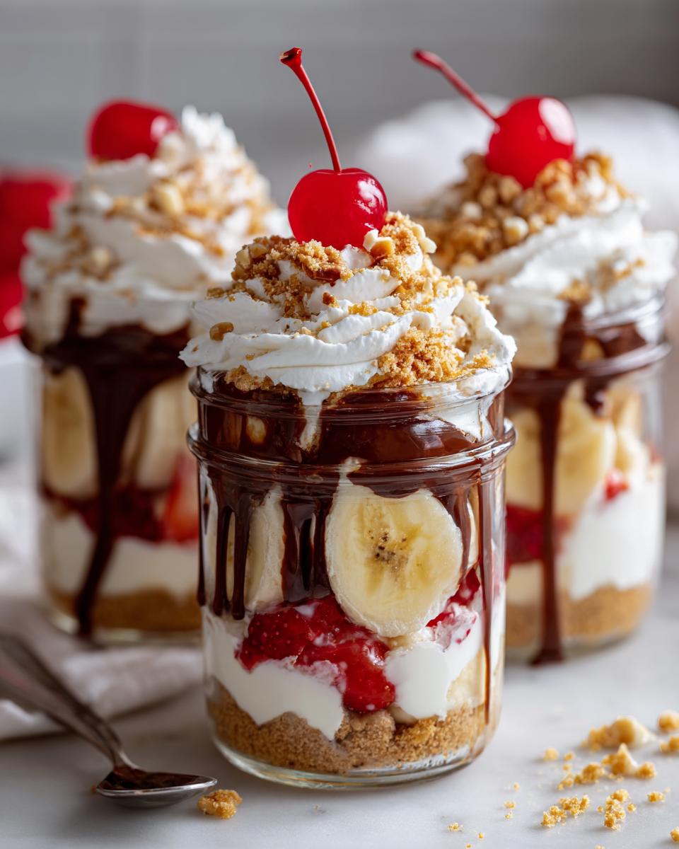 Three no bake banana split dessert jars layered with bananas, strawberries, whipped cream, chocolate, and topped with a cherry.