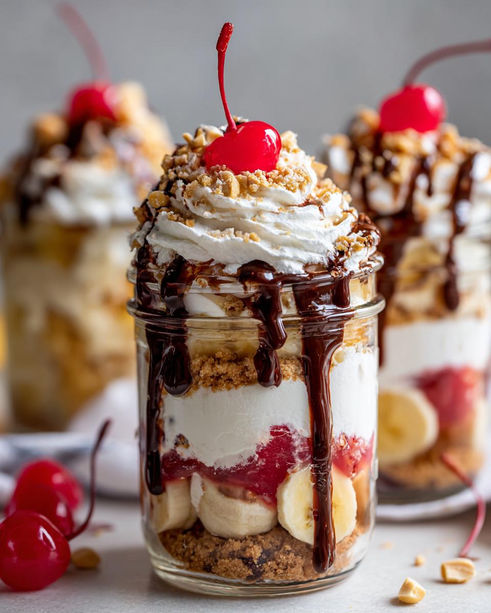 No bake banana split dessert jars layered with bananas, whipped cream, chocolate drizzle, and topped with a cherry.