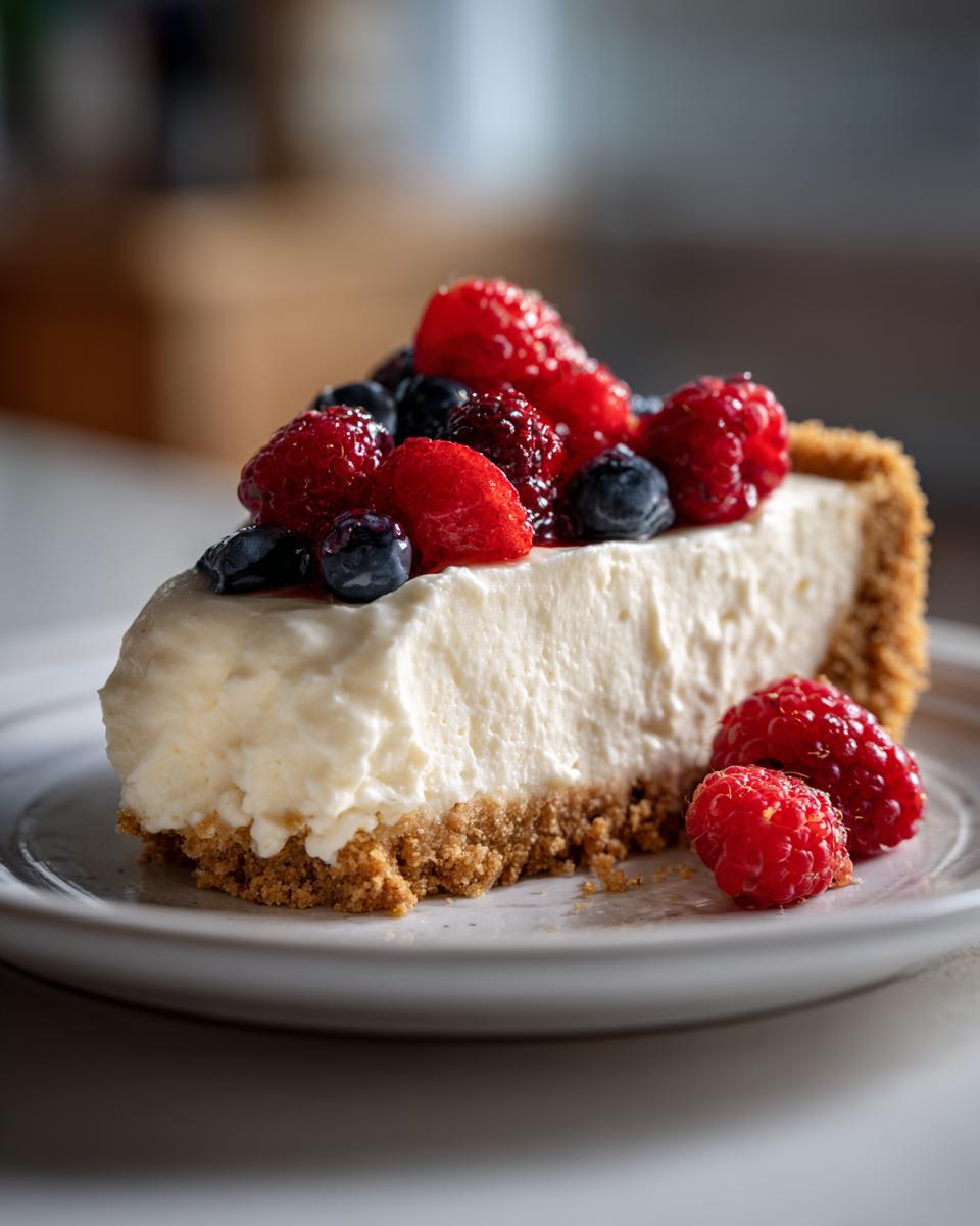 Slice of creamy no bake cheesecake topped with fresh raspberries and blueberries on a white plate.