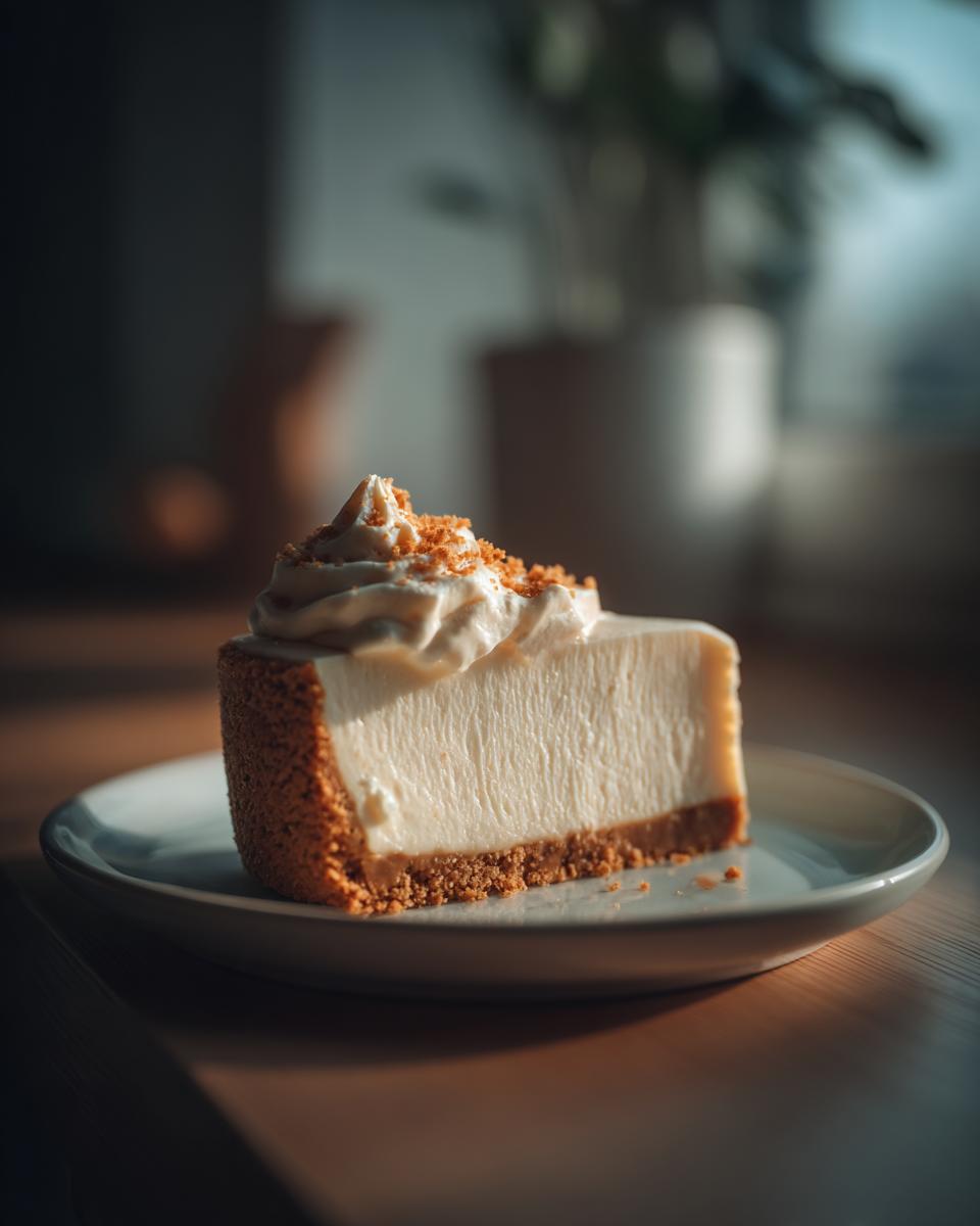 Slice of creamy no bake cheesecake dessert with graham cracker crust and whipped topping