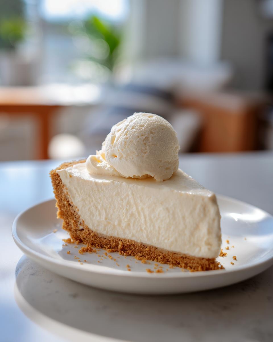 Slice of creamy no bake cheesecake desserts topped with a scoop of vanilla ice cream on a white plate.