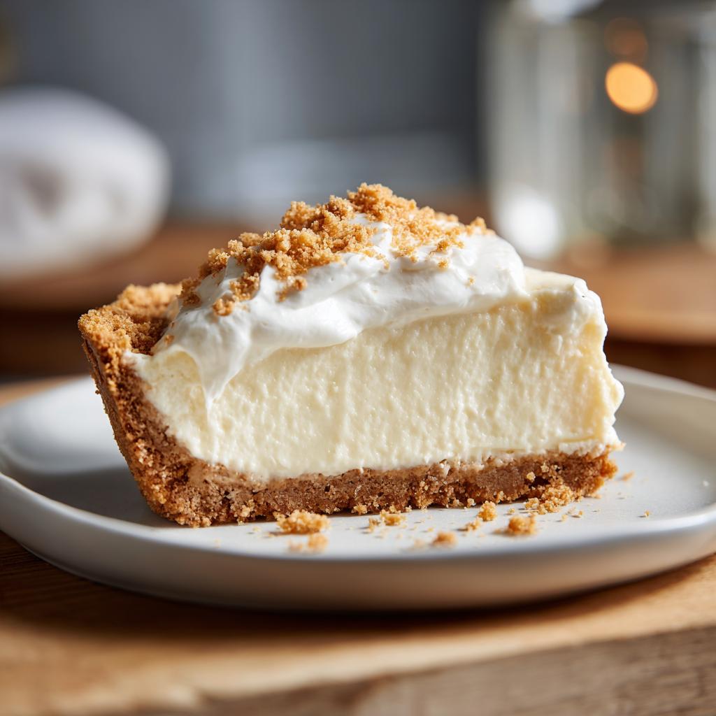 Close-up of a creamy no bake cheesecake desserts slice with graham cracker crust and whipped topping