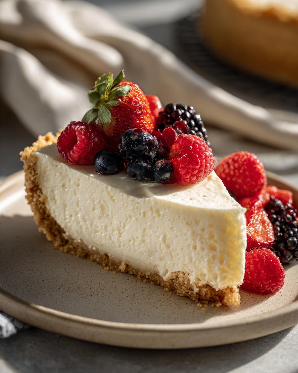 Slice of creamy no bake cheesecake topped with strawberries, raspberries, blueberries, and blackberries.