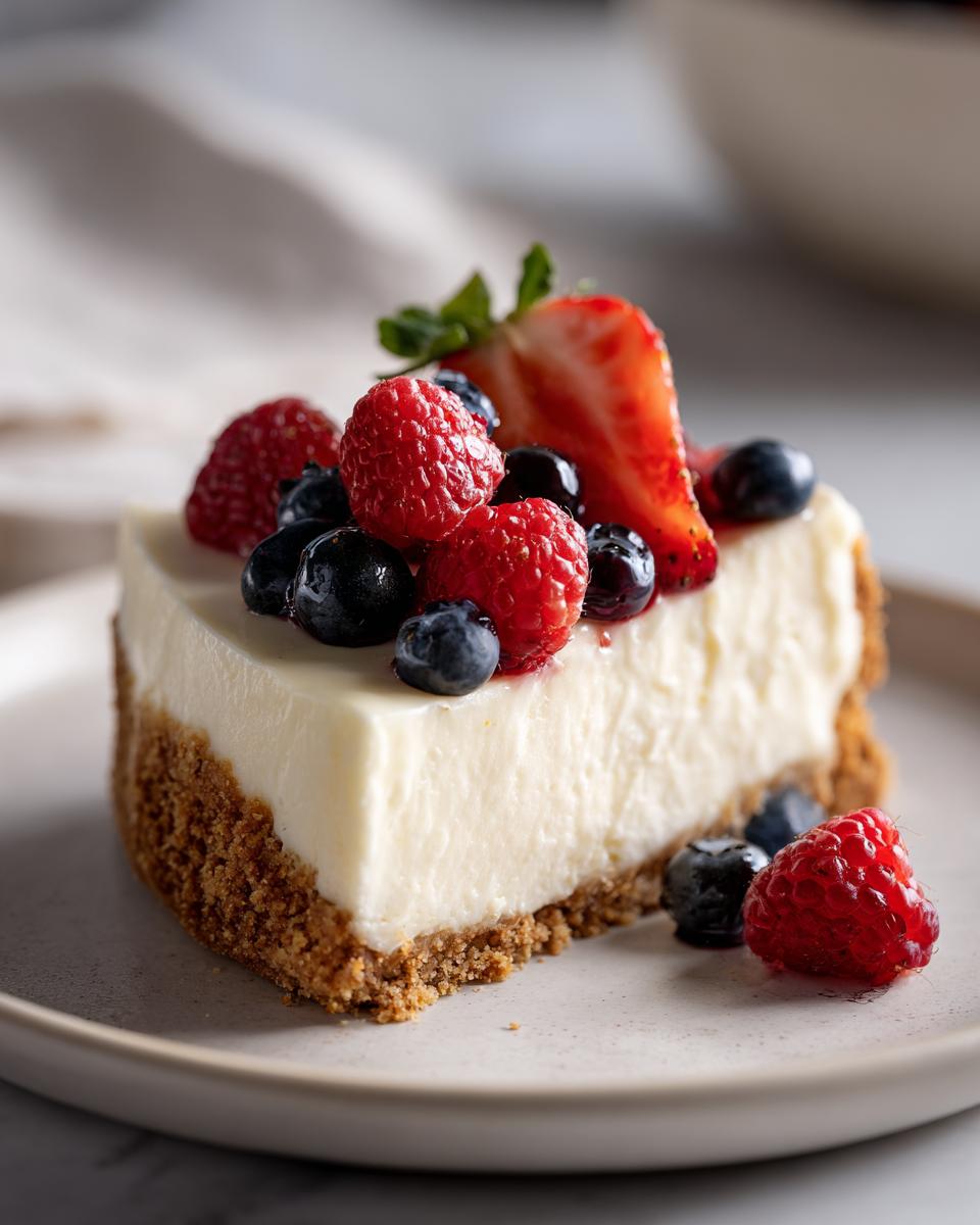 Slice of creamy no bake cheesecake topped with raspberries, blueberries, and strawberry on a plate.
