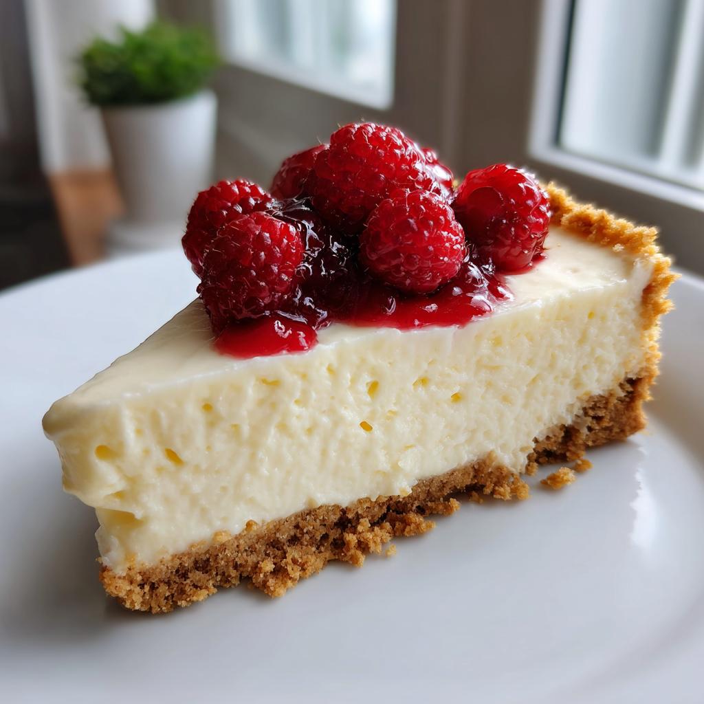 Slice of no bake dessert recipes cheesecake topped with fresh raspberries and raspberry sauce