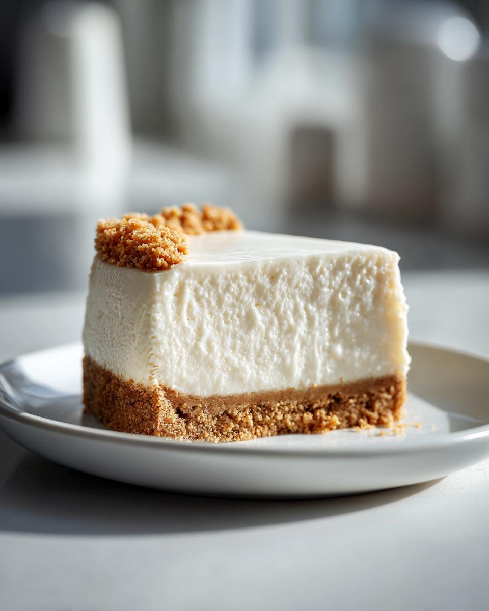 Slice of creamy no bake cheesecake with a crumbly crust on a white plate.