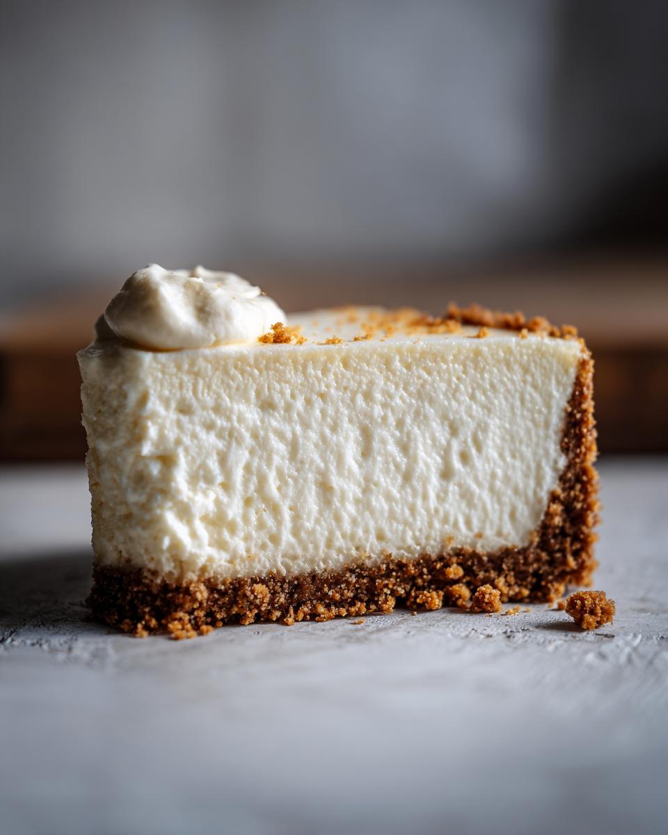 Slice of creamy no bake cheesecake with graham cracker crust and whipped topping