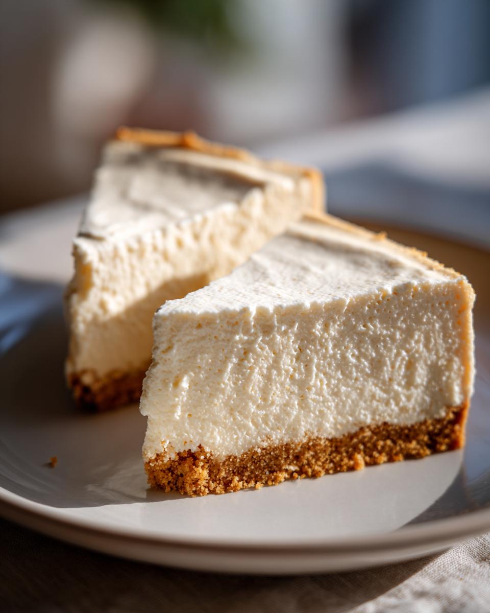 Two creamy no bake cheesecake slices with graham cracker crust on a white plate.