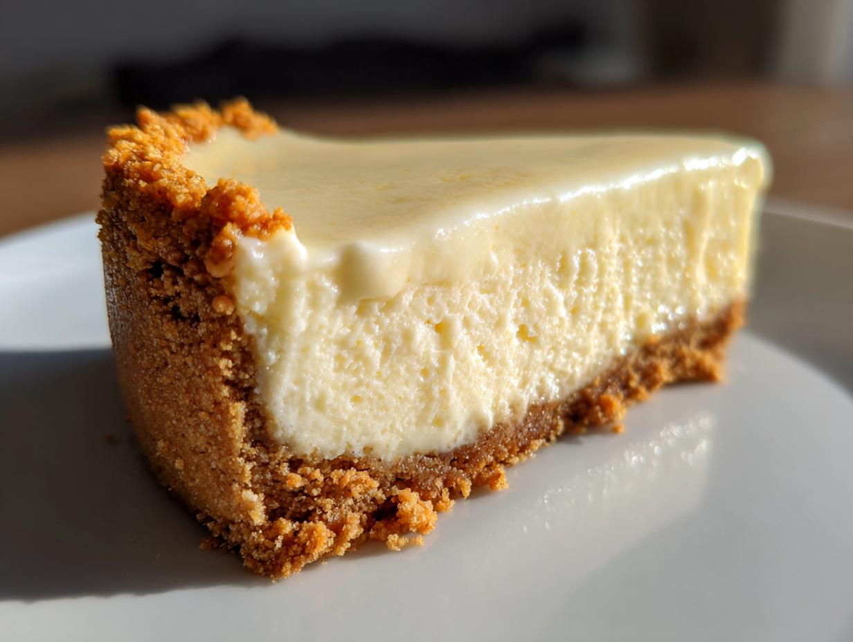 Close-up of a creamy no bake dessert slice with a golden graham cracker crust on a white plate.