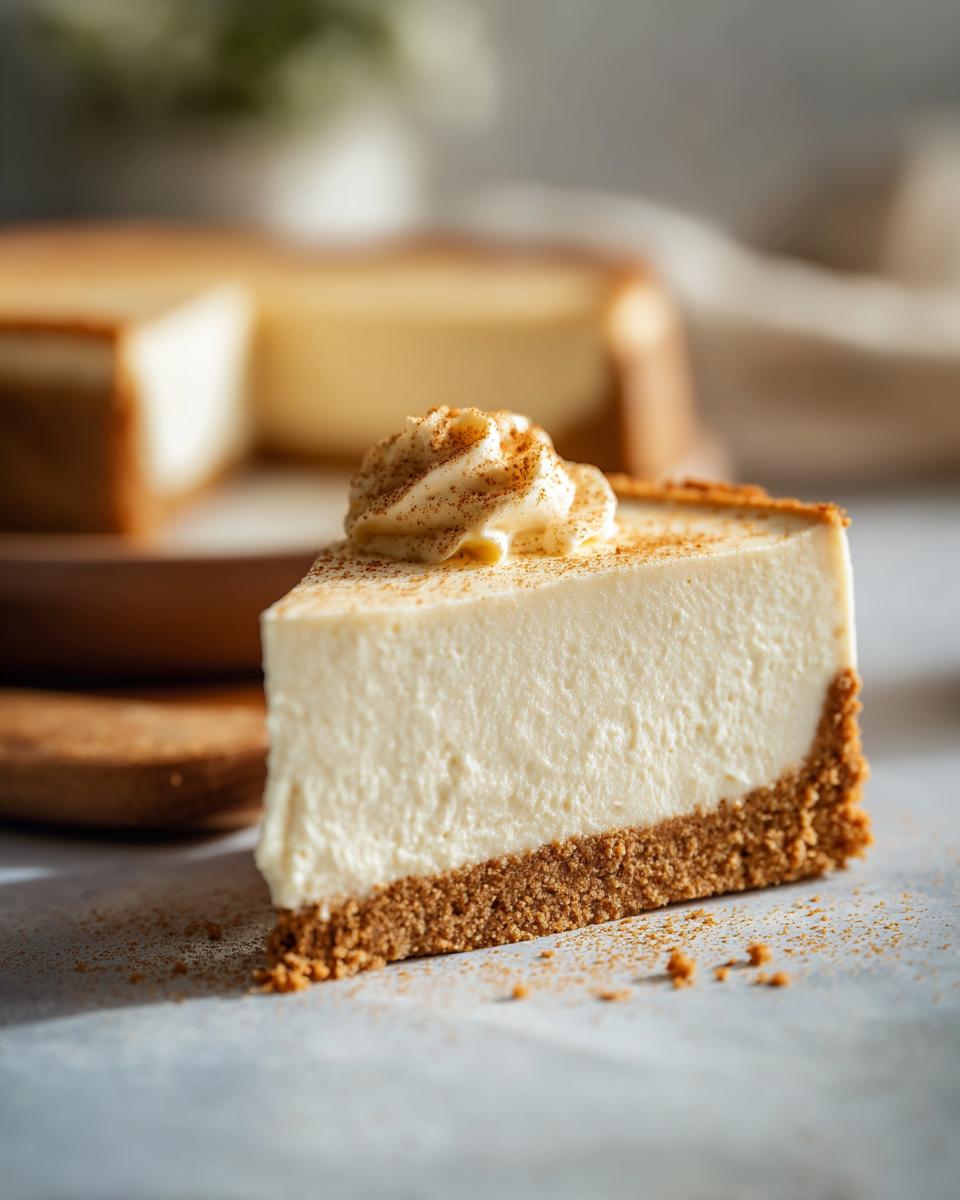 Close-up of a creamy cheesecake slice with graham cracker crust and whipped topping, no bake dessert recipes