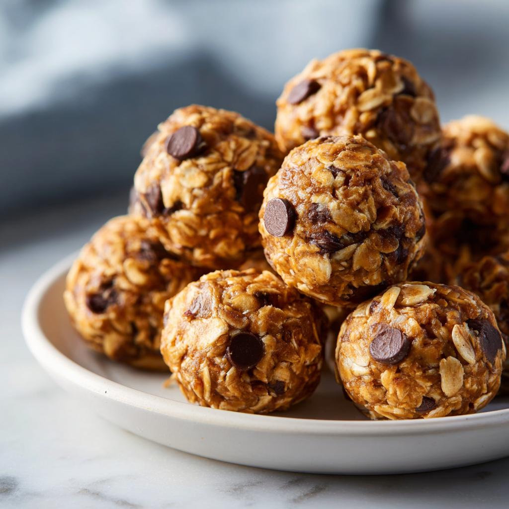 Plate of no bake snack bites made with oats and chocolate chips stacked together.