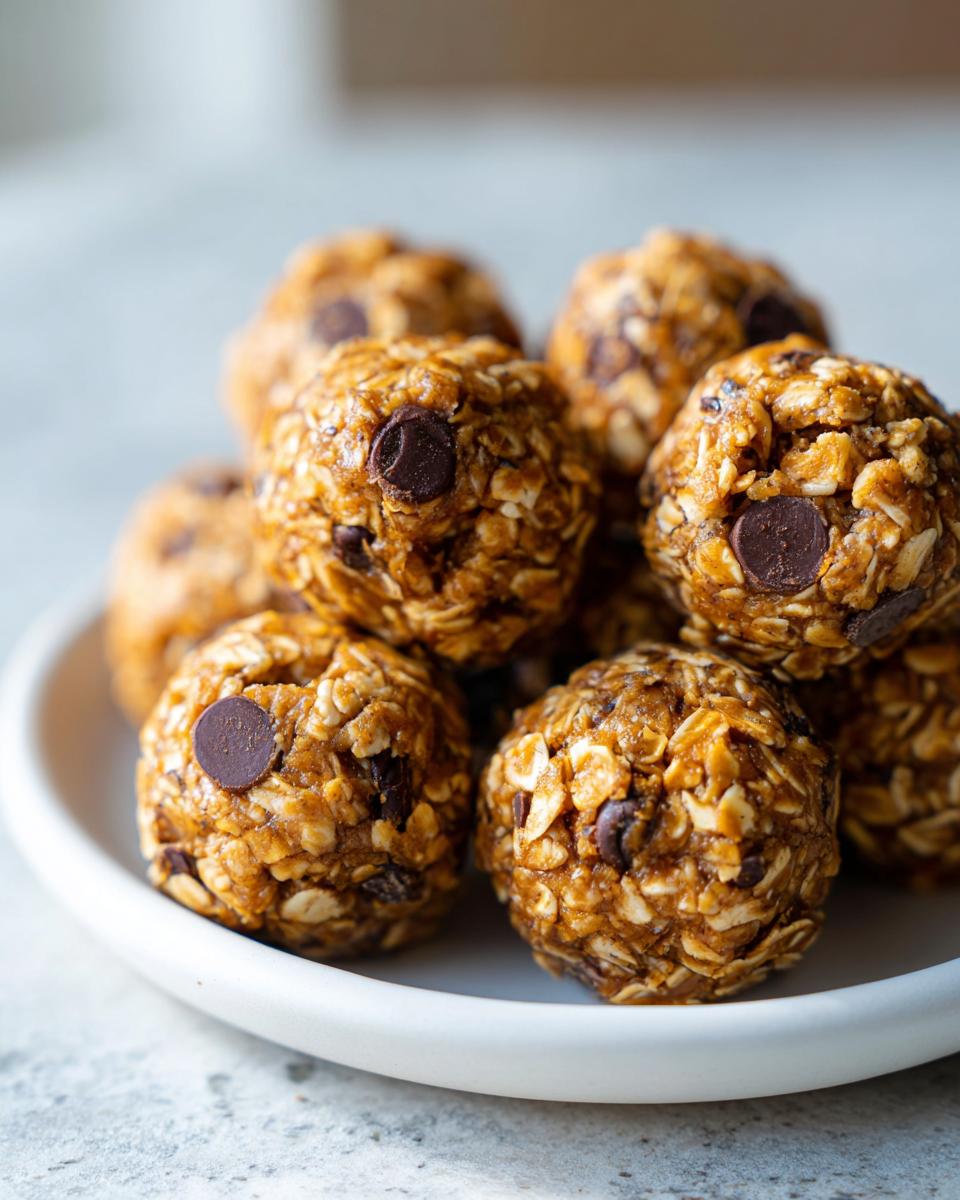 Close-up of no bake snack bites made with oats and chocolate chips on a white plate.