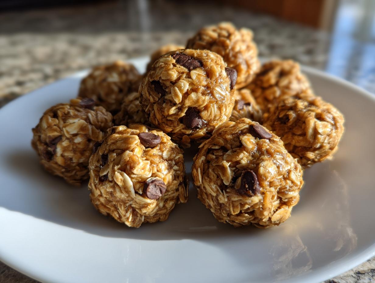 Close-up of no bake snack bites made with oats and chocolate chips on a white plate.