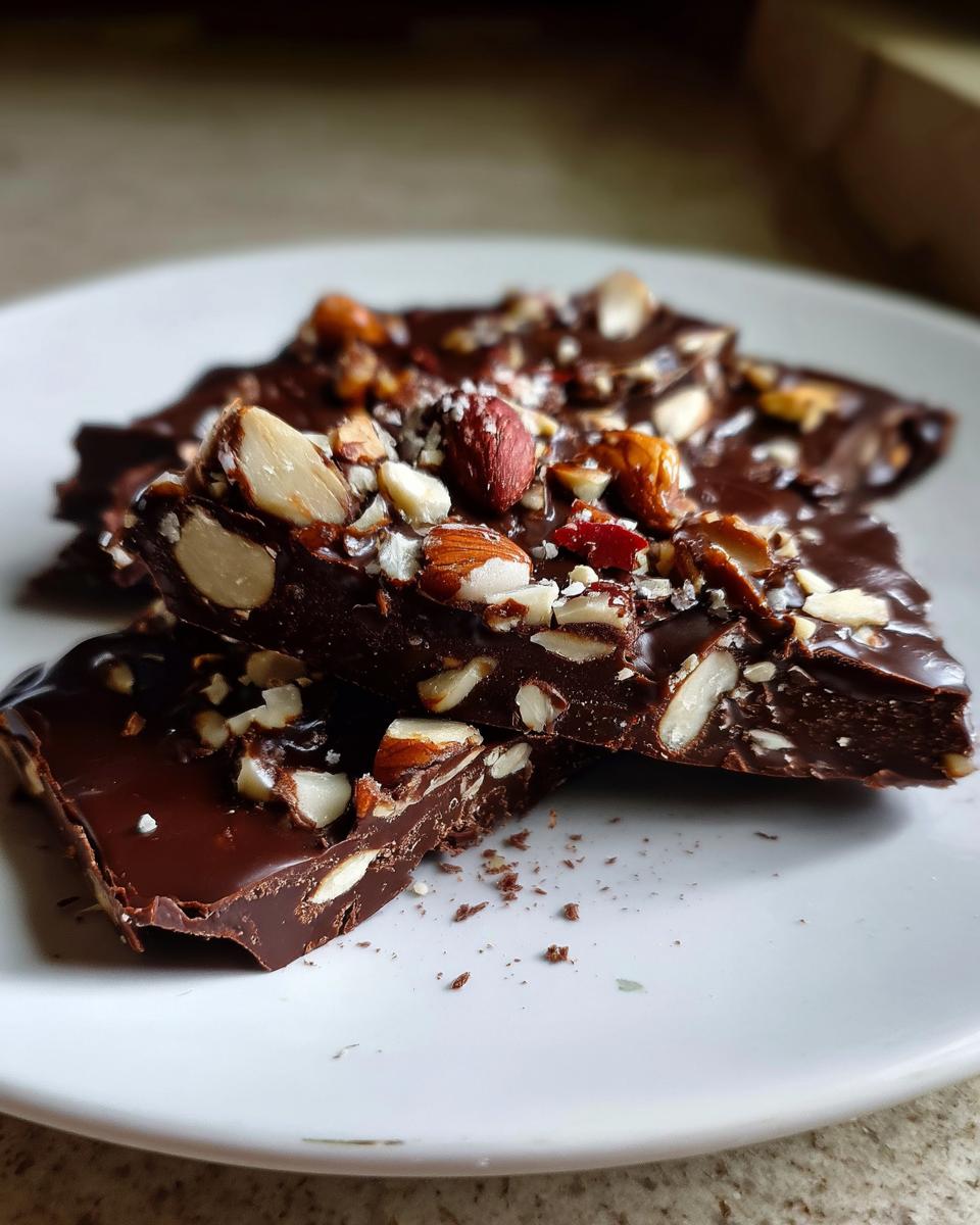 Close-up of nut-studded dark chocolate bark pieces on a white plate, spring chocolate treats