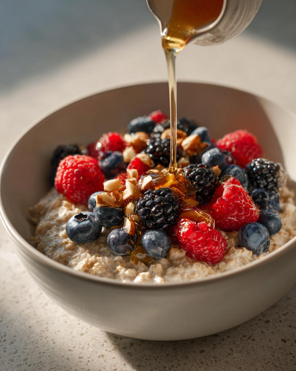 Bowl of oatmeal topped with fresh berries, nuts, and honey being poured, a breakfast meal prep recipe
