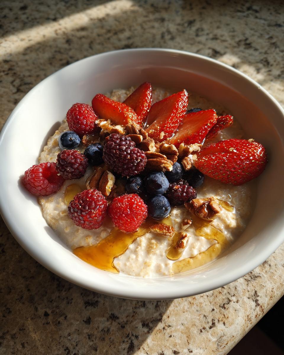 Bowl of oatmeal topped with strawberries, raspberries, blueberries, pecans, and honey drizzle.