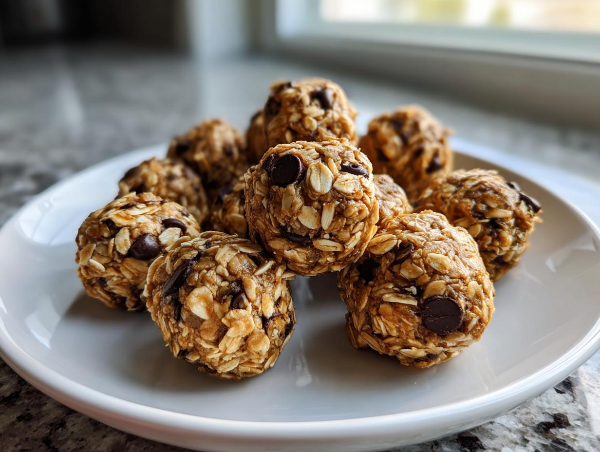 Plate of oatmeal chocolate chip energy bites, a quick and healthy snack recipe.
