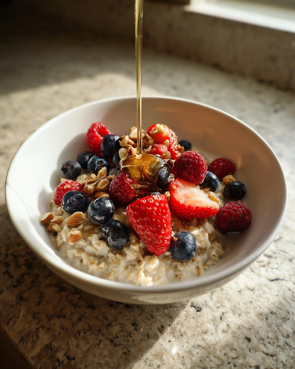 Bowl of oatmeal topped with strawberries, blueberries, raspberries, nuts, and honey drizzle