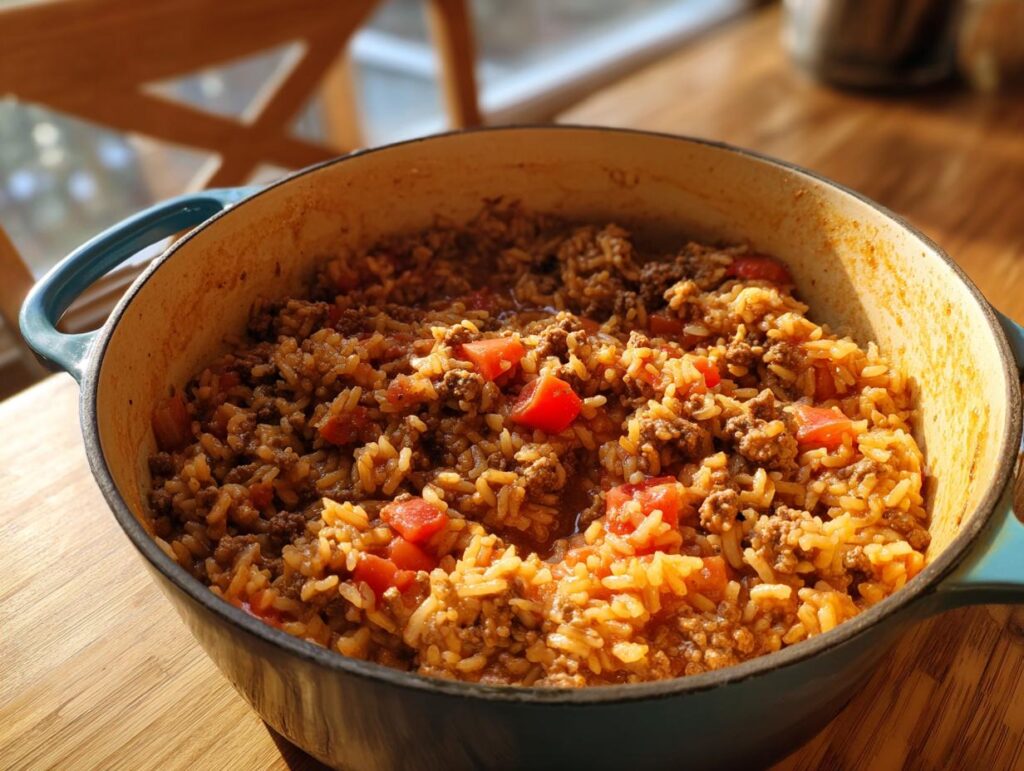 One pot dinner recipes with cooked rice, ground beef, and diced tomatoes in a large pot.