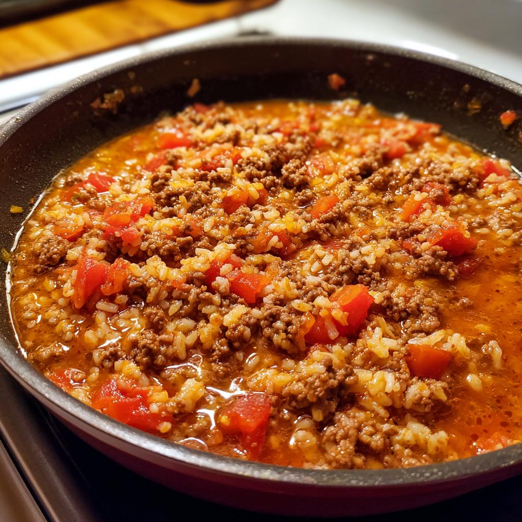 Close-up of a one pot dinner recipe with ground beef, rice, and diced tomatoes simmering in a skillet.