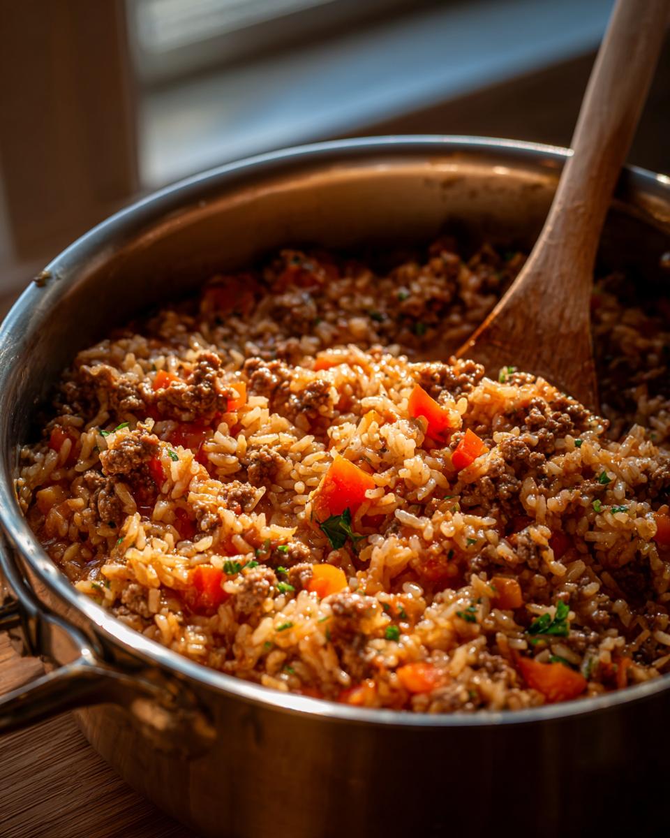 Close-up of a one pot dinner recipe with rice, ground beef, and vegetables in a metal pot