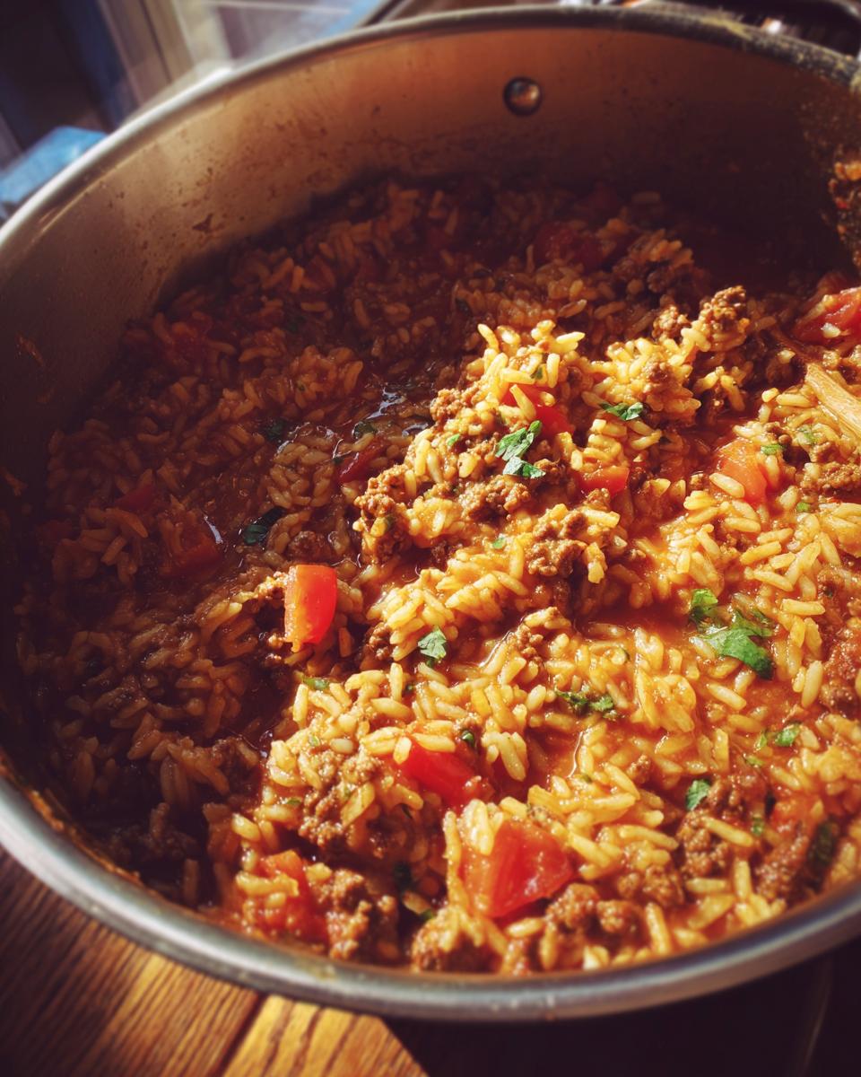 Close-up of a one pot dinner recipe with rice, ground meat, tomatoes, and herbs in a large pot.