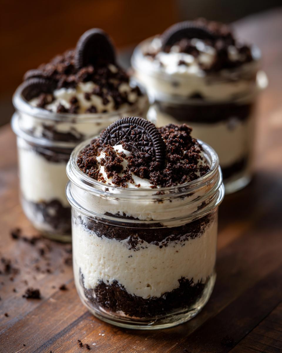 Three Oreo cheesecake dessert jars layered with cream and cookie crumbs on a wooden surface.