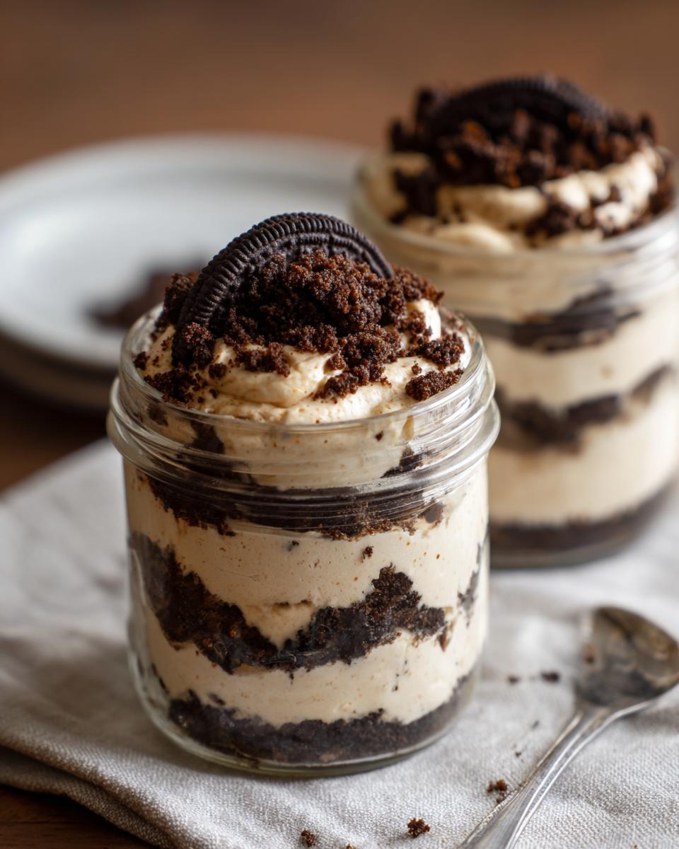 Two Oreo cheesecake dessert jars layered with creamy filling and cookie crumbs in glass jars