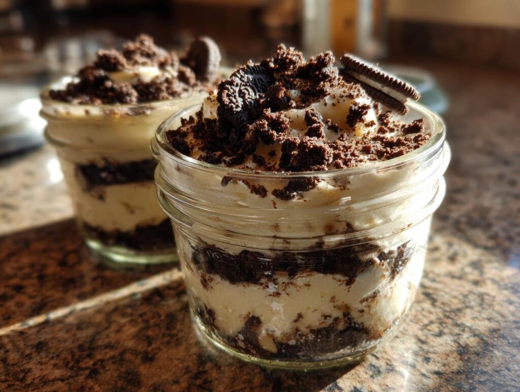 Two glass jars filled with Oreo cheesecake dessert jars topped with crushed Oreo cookies.