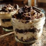 Two glass jars filled with Oreo cheesecake dessert jars topped with crushed Oreo cookies.
