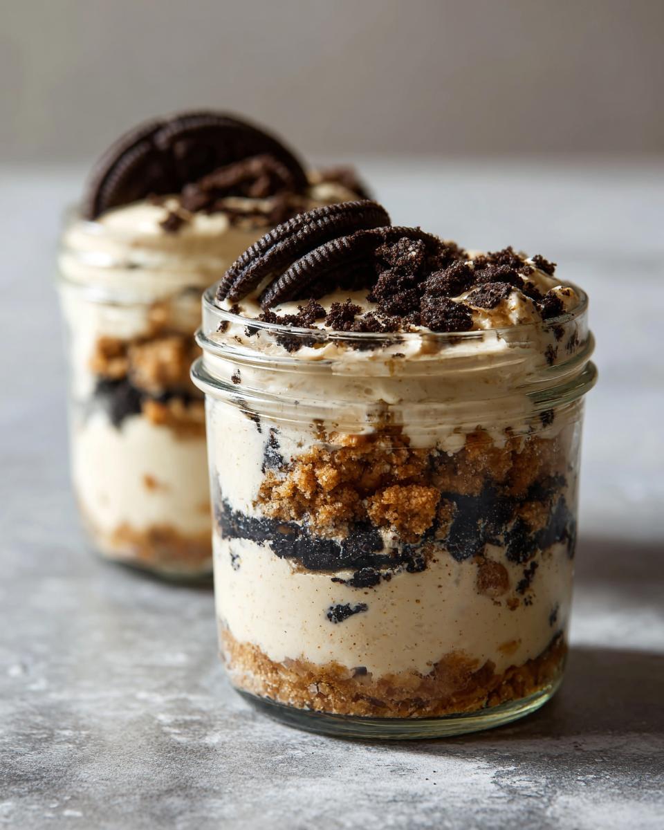 Close-up of Oreo cheesecake dessert jars with creamy layers and cookie crumbles