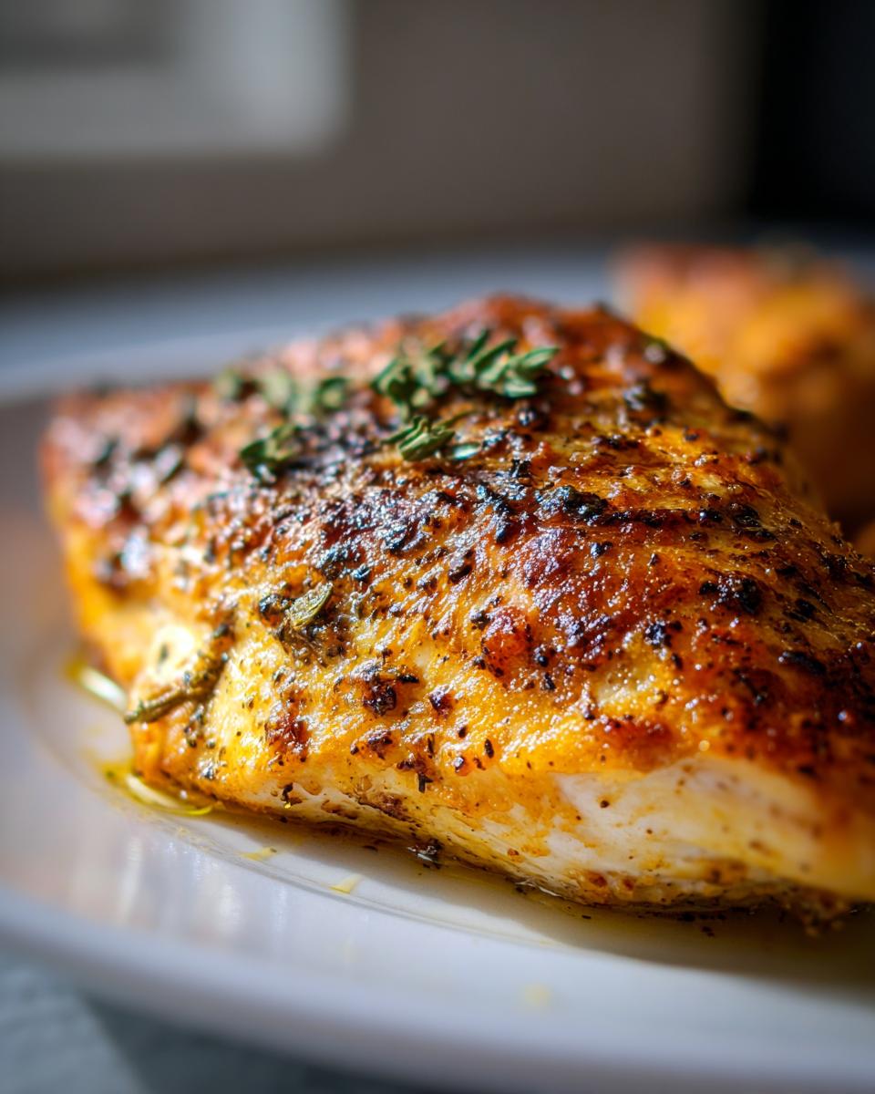 Close-up of a juicy oven baked chicken breast seasoned with herbs on a white plate.