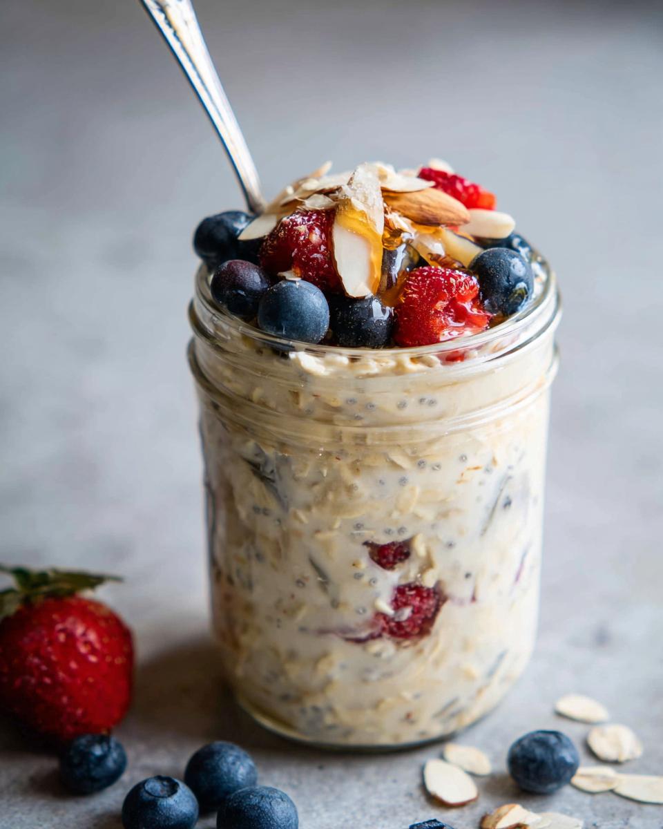 Jar of creamy overnight oats topped with blueberries, raspberries, almond slices, and honey drizzle