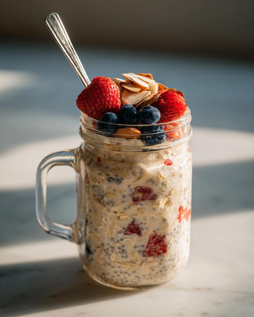Glass jar of overnight oats topped with strawberries, blueberries, and sliced almonds with a spoon.